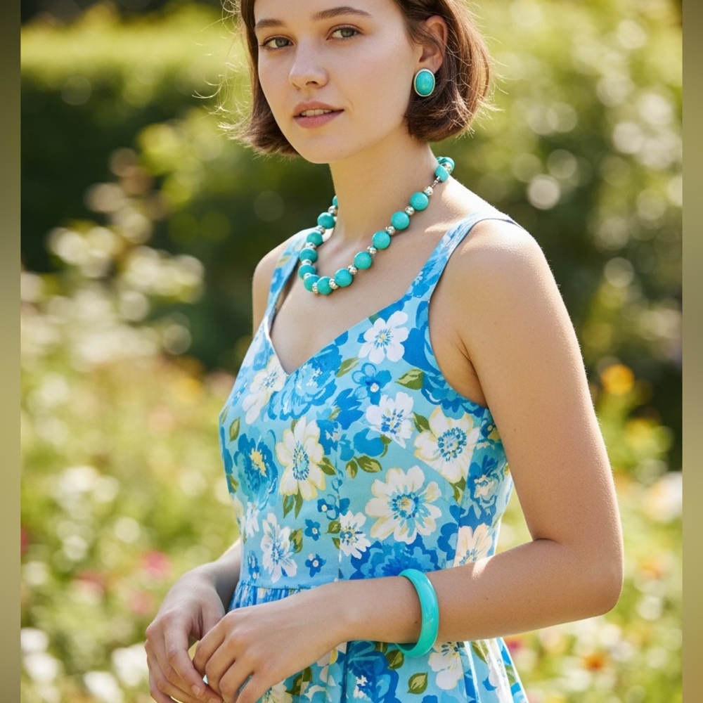 VINTAGE-STYLE ACRYLIC TURQUOISE & SILVER 3 PIECE JEWELRY SET Summer Beachy Retro